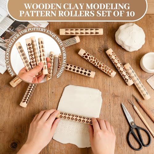 10pcs Clay Texture Rollers, Wooden Texture Roller for Clay, Pottery 10 Styles Potters Stamp Roller Tools 4.02 Inch Textured Rolling Pins Modeling Pattern Rollers Kit for DIY Handmade Art Supplies