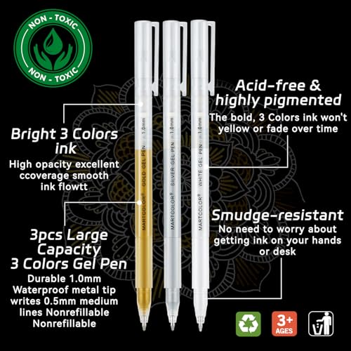 MARTCOLOR Gold Silver White Gel Pens, 3 Pack 1mm Opaque Archival Ink Pen - color: Multicolor