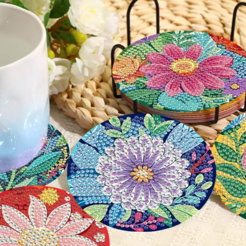 8 Pcs Flower Diamond Art Coasters, Diamond Painting Coasters - color: Flower-4