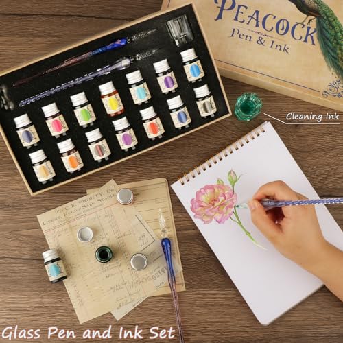 Calligraphy Pens, Dip Pen Set with 14 Color Inks, Glass Writing Instrument for Beginners