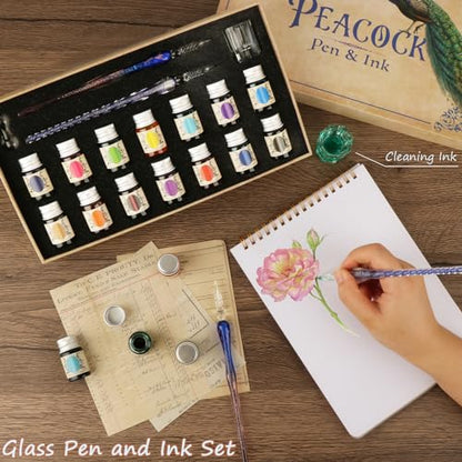 Calligraphy Pens, Dip Pen Set with 14 Color Inks, Glass Writing Instrument for Beginners