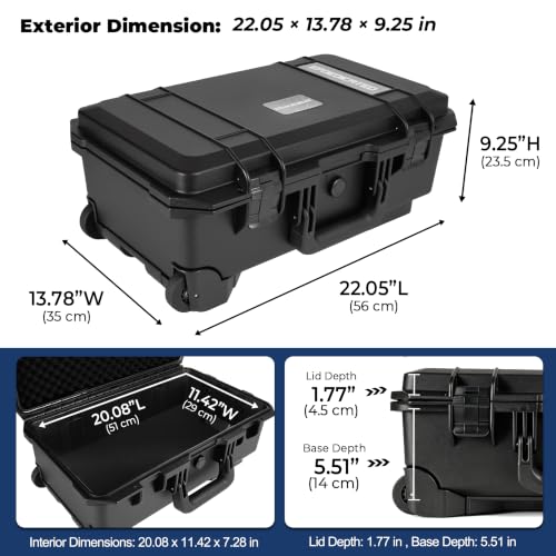 Rolling Hard Case, IP67 Protective Cases with Customizable Foam, Lockable Camera Gear Case with Wheels for Photography Equipment, Tools, 22.05x13.78x9.25in, Black