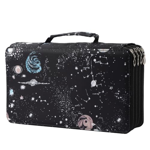 300 Slots Canvas Pencil Case 4-Layer Zipped Holder w/Handle - color: Galaxy Black, size: 300