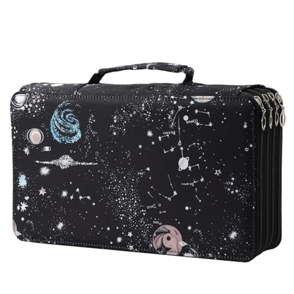 300 Slots Canvas Pencil Case 4-Layer Zipped Holder w/Handle - color: Galaxy Black, size: 300