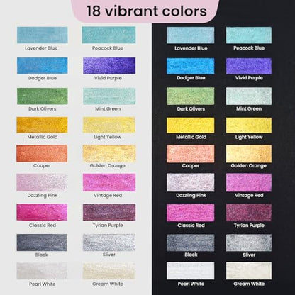 VEESA Metallic Watercolor Paint, 18 Shimmer Colors + 2 Waterbrushes