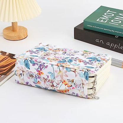 200 Slots Pencil Case 4-Layer Zipped Holder w/Handle - color: White + Flower, size: 200