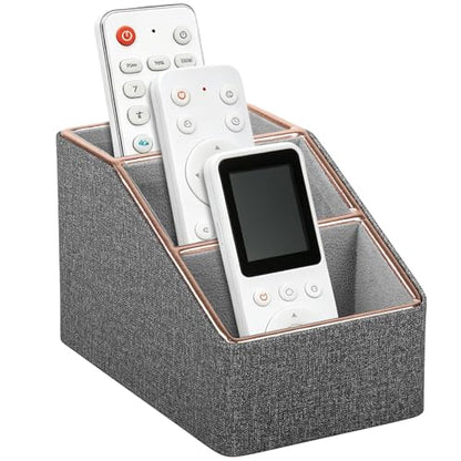 Rose Gold Edge Inlaid Leather Desktop Organizer, Remote Control Holder,Nightstand Remote Caddy, Multi-Functional Storage Box for Cellphone,Pens, Makeup Brushes, Lipsticks & Small Cosmetics (Grey) - color: Grey