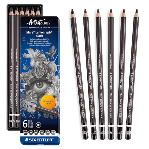 STAEDTLER Mars Lumograph Black Drawing Pencils Set: 6 Pack – Carbon Blend for Deep Black Tones, Professional Artists Pencils, 8B–HB Grades, Storage Tin, For Sketching, Shading & Fine Art Drawing - size: 1 Count (Pack of 6), style: 6 Grades
