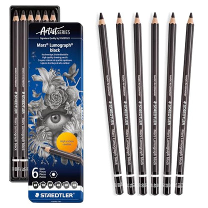 STAEDTLER Mars Lumograph Black Drawing Pencils Set: 6 Pack – Carbon Blend for Deep Black Tones, Professional Artists Pencils, 8B–HB Grades, Storage Tin, For Sketching, Shading & Fine Art Drawing - size: 1 Count (Pack of 6), style: 6 Grades