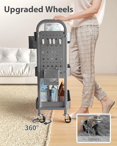 ALVOROG 3 Tier Metal Rolling Utility Cart with Pegboards,Baskets,Hooks,Gray - color: Grey