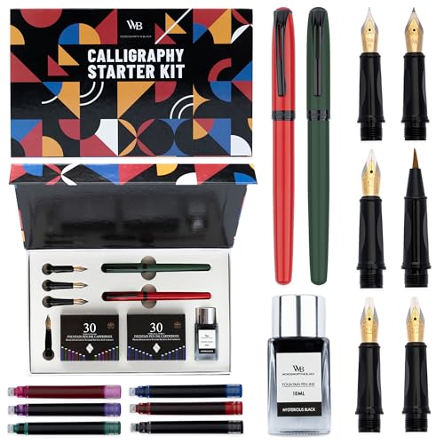 Wordsworth & Black Calligraphy Kit for Beginners, 2 Ink Pens, 5 Nibs, Green - color: Red and Green
