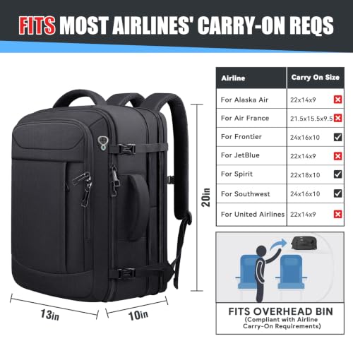 45L Travel Backpack for Men, Expandable Carry On Backpack, Black - color: Black, size: 17.3 inch (21"x13"x9")