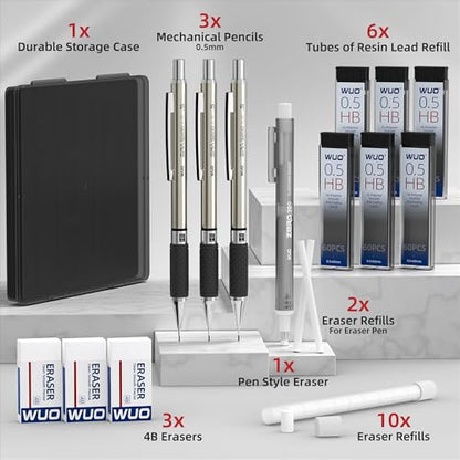 WUO 0.5 mm Mechanical Pencil Set with Eraser Pen Storage Case, 3 PCS - color: Black 1 - 0.5mm (3 Pack)