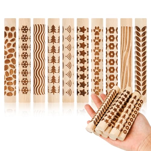 10pcs Clay Texture Rollers, Wooden Texture Roller for Clay, Pottery 10 Styles Potters Stamp Roller Tools 4.02 Inch Textured Rolling Pins Modeling Pattern Rollers Kit for DIY Handmade Art Supplies