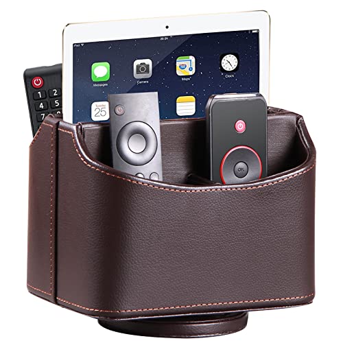 PU Leather Remote Control Holder,360 Degree Spinning Desk TV Remote Caddy,Desk Organizers and Accessories,for Controller,Media,Mail,Calculator,Mobile Phone,Pen Storage Holder(Brown Lychee) - color: Brown Lychee