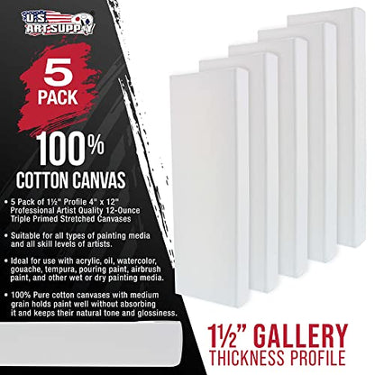 U.S. Art Supply 4"x12" Stretched Canvas for Painting, Gallery Depth 5-Pack - size: 4" x 12"