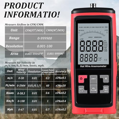 Hot Wire Anemometer Handheld with Bendable Telescoping Probe, HVAC in-Duct Peak Airflow Wind Speed Anemometer, Temperature CFM CMM Meter, Backlit LCD, Data Record & Output