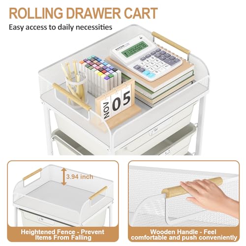 SYKIARIOL 4-Drawer Rolling Storage Cart with Mesh Top,White - color: Cream White