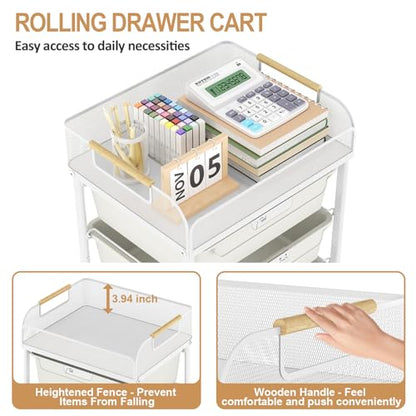 SYKIARIOL 4-Drawer Rolling Storage Cart with Mesh Top,White - color: Cream White
