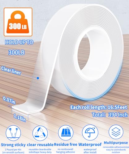 Double Sided Heavy Duty Nano Mounting Adhesive Tape(2 Rolls, Total 32FT) - size: 2 Rolls x 16.5 FT