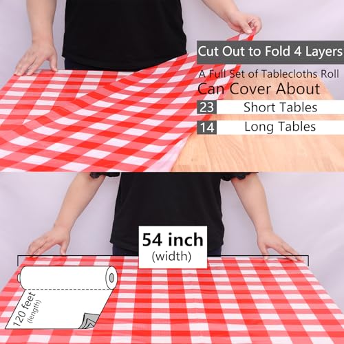 Kesfey Plastic Tablecloth Rolls 54 inch X 120ft Red Gingham Table Cloth - color: Red Checkered