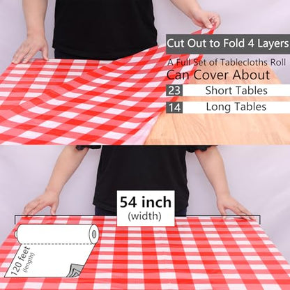Kesfey Plastic Tablecloth Rolls 54 inch X 120ft Red Gingham Table Cloth - color: Red Checkered