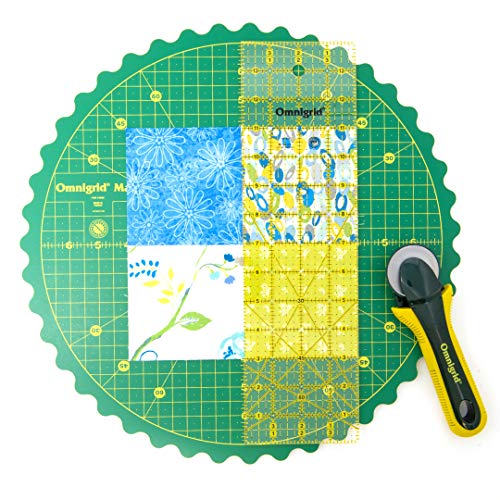 Omnigrid 14" 360° Rotating Mat Set with Self-Healing Cutting Mat, Ruler, and Rotary Cutter