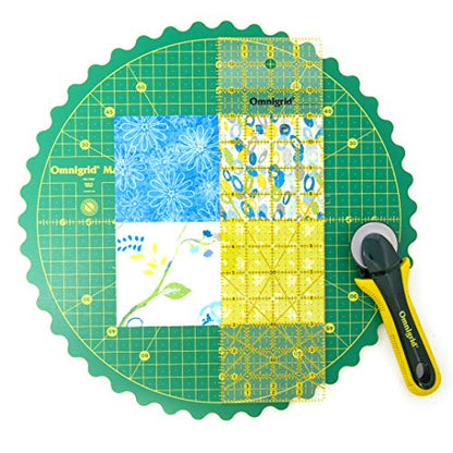 Omnigrid 14" 360° Rotating Mat Set with Self-Healing Cutting Mat, Ruler, and Rotary Cutter
