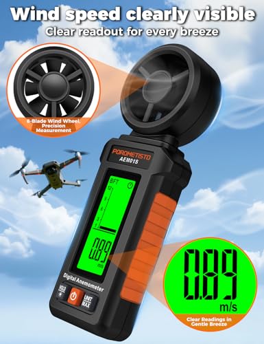 AEM01S Anemometer, POROMETISTO, 3‑Color Alarm & Green Backlit Wind Meter