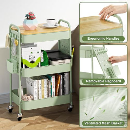 3 Tier Rolling Cart with Table top, Metal Utility Cart with DIY Pegboard - color: Green With Pegboard