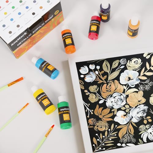 AnyMark Metallic Acrylic Paint, 24 Colors Acrylic Paint Set with 10 Brushes - color: Metallic