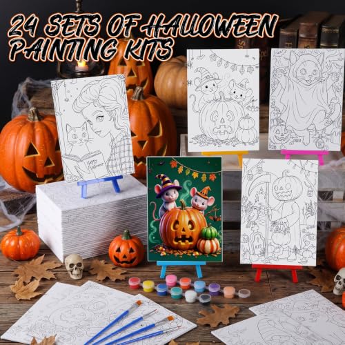 Blosssound 24 Set Halloween Pre Drawn Canvas 5x7'' with Easel - style: Cute Halloween