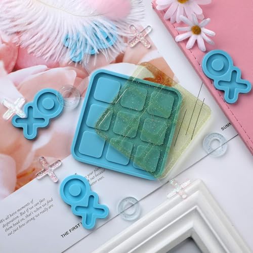 DECYOOL 6 Pcs Tic Tac Toe Resin Mold Set, X O Silicone Board Game Molds - color: Blue, size: 4 in x 4 in
