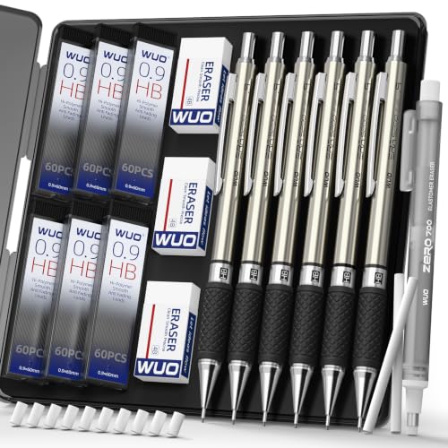 WUO 0.9 mm Mechanical Pencil Set with Eraser Pen Storage Case, 6 PCS - color: Black 6 - 0.9mm (6 Pack)