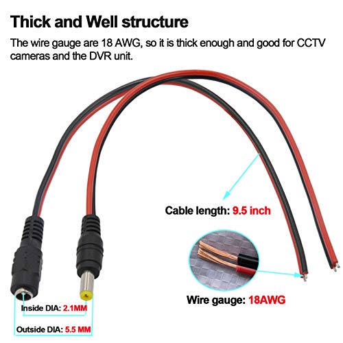 20 Pairs 18 AWG DC Power Pigtail Cable, 2.1mm x 5.5mm, 12V 5A