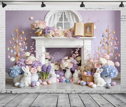 7x5FT Easter Backdrop Pastel Purple Floral Wall with Bunny Easter Eggs Background for Spring Themed Baby Birthday Shower Party Decor Vinyl