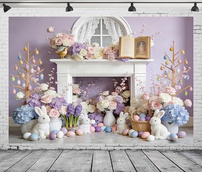 7x5FT Easter Backdrop Pastel Purple Floral Wall with Bunny Easter Eggs Background for Spring Themed Baby Birthday Shower Party Decor Vinyl