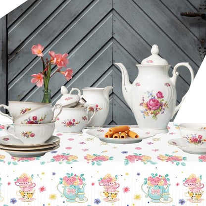 3PCS Teapot Party Floral Tablecloth Fall Floral Plastic Table Covers - color: Teapot