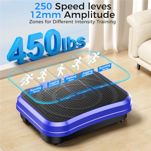 Vibration Plate Exercise Machine,Vibration Plate for Lymphatic Drainage Power Vibration Plate Machine Support 450 Lbs 250 Adjustable Speeds,Vibrating Plate Shake Plate Weight Loss - color: Blue