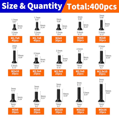 400Pcs Countersunk Flat Head Phillips Machine Screws Kit, M1.7, M2, M2.5, M3 Full Thread Black Zinc Plated Carbon Steel, Hardware Fasteners for Laptop Notebook & Electronics Repair