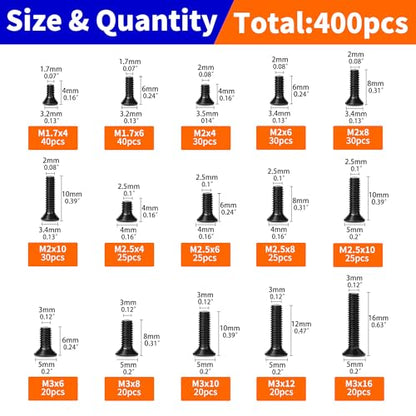 400Pcs Countersunk Flat Head Phillips Machine Screws Kit, M1.7, M2, M2.5, M3 Full Thread Black Zinc Plated Carbon Steel, Hardware Fasteners for Laptop Notebook & Electronics Repair