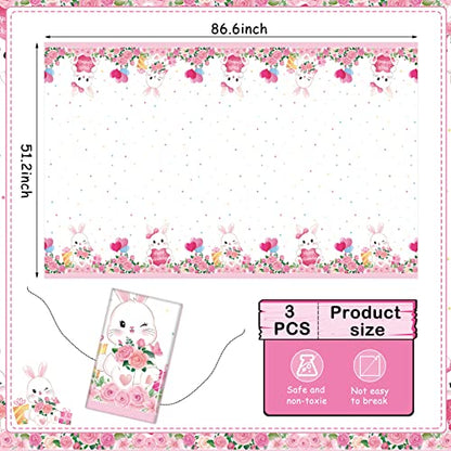 Jecery 3 Pack Bunny Birthday Party Tablecloth, Rabbit Floral Pastel Design