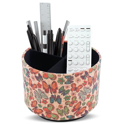 Round Leather Art Supply Organizer,Remote Control Holder,360 Degree Spinning,Multi-Functional Pencil Holder,4 Compartments Desktop Stationary Organizer(1-Color Butterfly) - color: 1-Color Butterfly