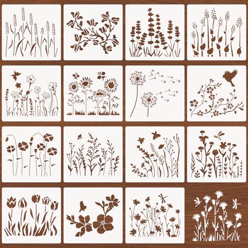 Flower Stencils for Crafts Reusable 16Pcs Stencils(7.87X7.87 Inch) - color: Flowers