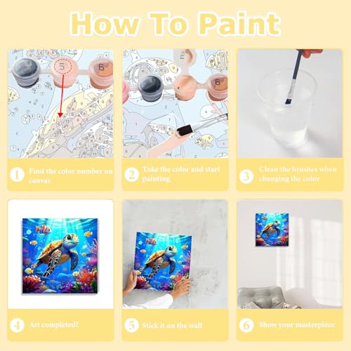 HITO Sea Turtle Paint by Numbers Kit for Kids with Frame Easel 8x8 inch - color: Sea Turtle