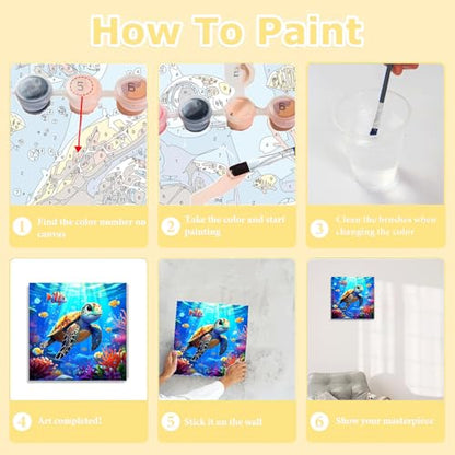HITO Sea Turtle Paint by Numbers Kit for Kids with Frame Easel 8x8 inch - color: Sea Turtle