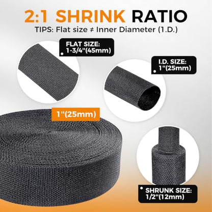 2:1 Ratio Automotive Heat Shrink Braided Sleeving 1''-26ft - size: 1"-26ft
