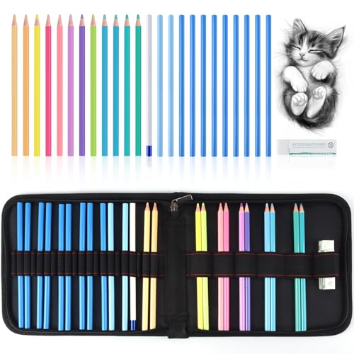 Professional Drawing Set,12 Colored Pencils,12 Graphite Pencils,Eraser,Case - color: Set-Macaron