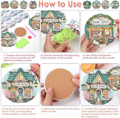 ijbnhd Diamond Art Coasters Kits, 8 Pcs, Book Store, 4x4 inch - color: Book Store