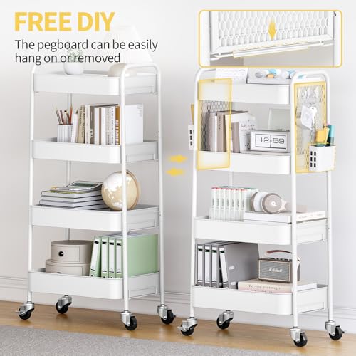 TOOLF 4 Tier Rolling Cart, Metal Utility Storage Cart with Pegboard, White - color: White, size: 4-Tier